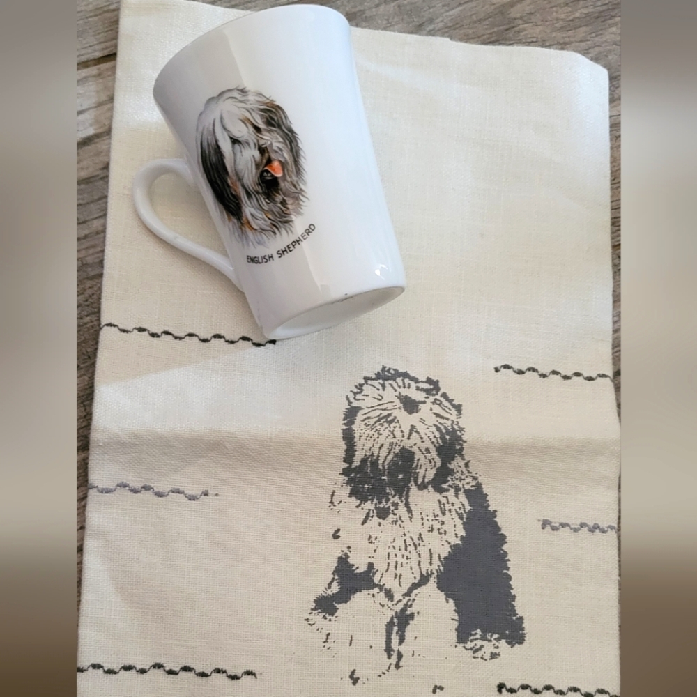 Ashley English Sheepdog Bone China Coffee Tea Cup Mug & Linen Dish Towel Set NEW